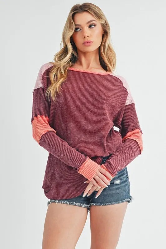 Aemi + Co Raw Seam Color Block Round Neck Knit Top - Brittney MADE