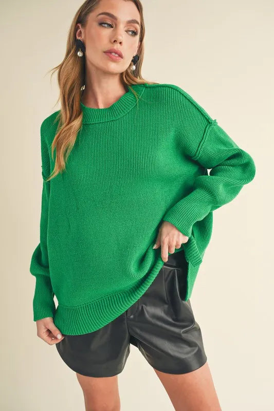 Aemi+Co Ribbed Hem Side Slit Round Neck Sweater - Brittney MADE