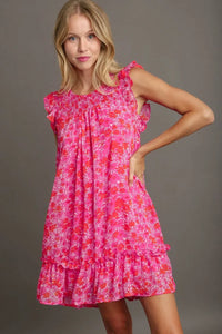 Umgee Full Size Smocked Detail Floral Metallic Ruffle Cap Sleeve Dress Plus Size - Brittney MADE