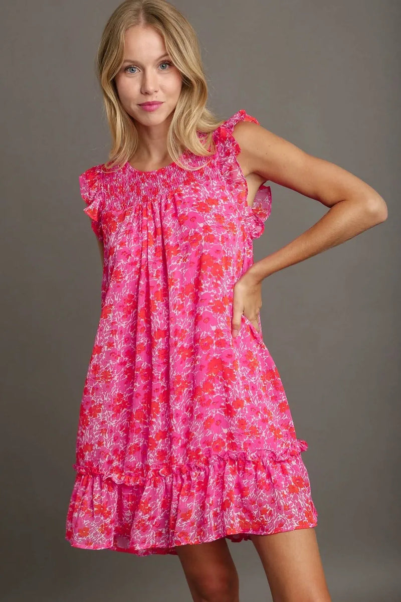Umgee Full Size Smocked Detail Floral Metallic Ruffle Cap Sleeve Dress Plus Size - Brittney MADE