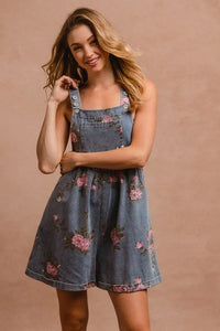 BiBi Flower Printed Wide Strap Denim Overalls - Brittney MADE