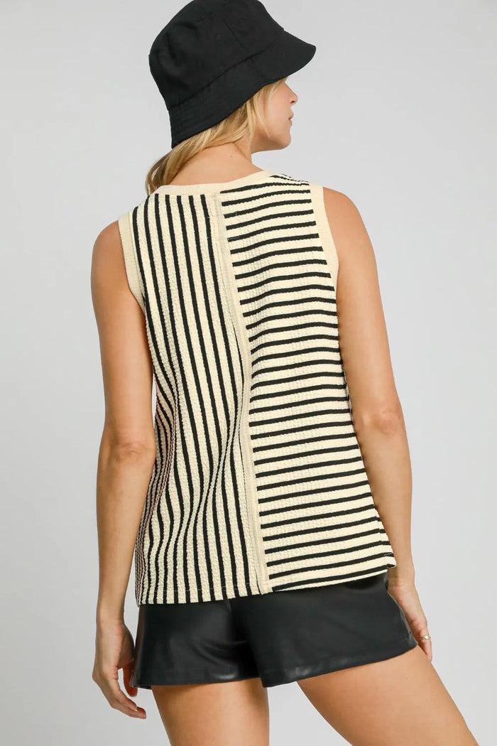 Umgee Round Neck Texture Striped Tank - Brittney MADE