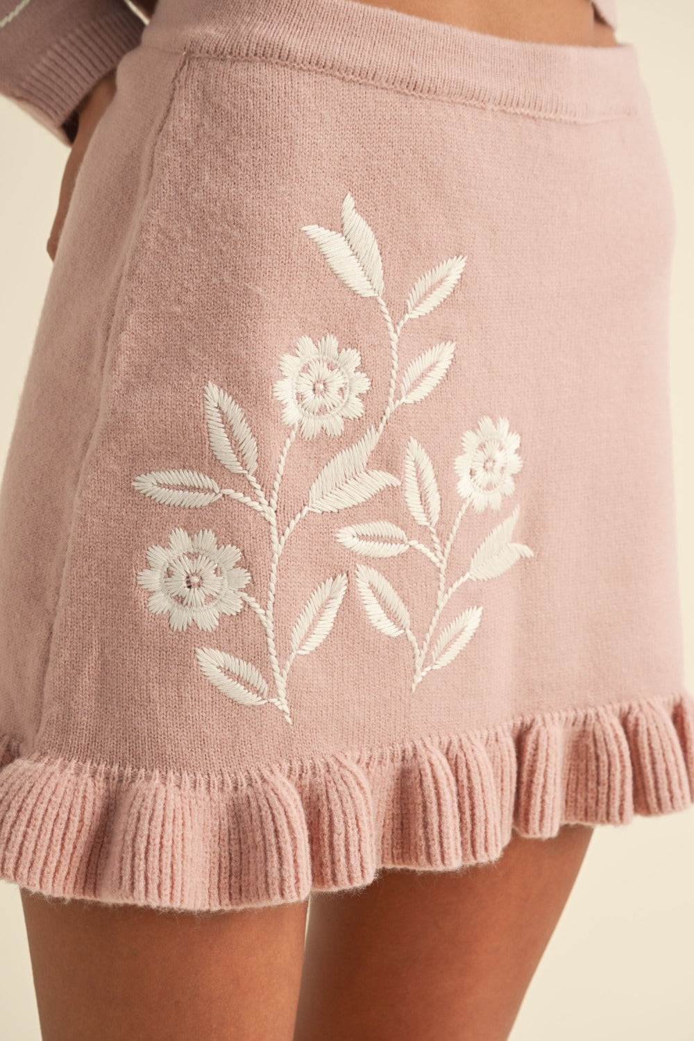 MABLE Floral Embroidered Crop Cardigan and Ruffled Mini Skirt Set - Brittney MADE