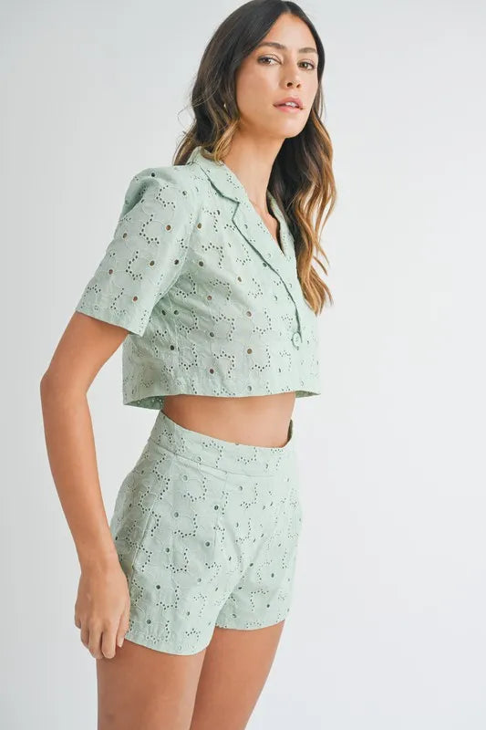 MABLE Eyelet Short Sleeve Crop Top and Shorts Set - Brittney MADE