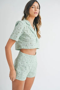 MABLE Eyelet Short Sleeve Crop Top and Shorts Set - Brittney MADE