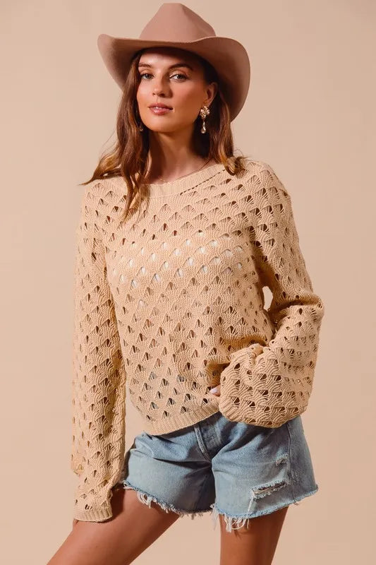 SO ME Geometric Pattern Open Knit Lightweight Sweater - Brittney MADE