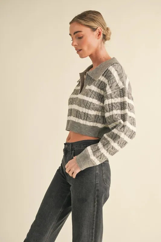 MABLE Pale Collared Striped Cropped Cable Knit Sweater - Brittney MADE