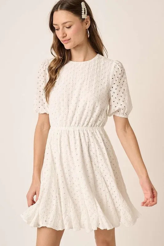 Mittoshop Eyelet Round Neck Puff Sleeve Mini Dress - Brittney MADE