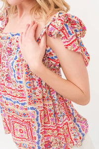 And The Why Ruffled Neck Tied Strap Boho Printed Swing Top - Brittney MADE