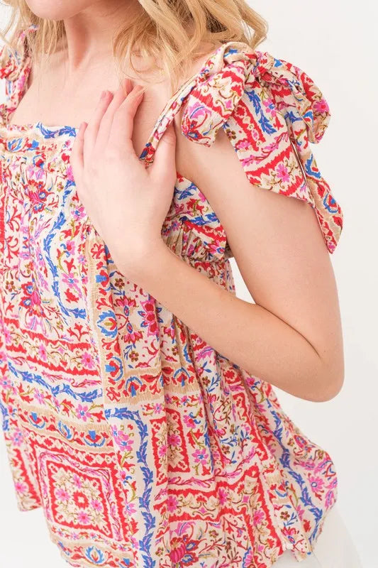 And The Why Ruffled Neck Tied Strap Boho Printed Swing Top - Brittney MADE
