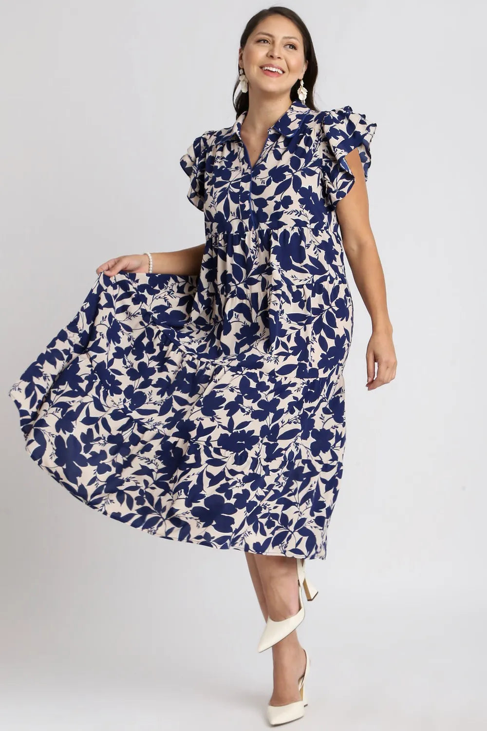 Umgee Full Size Floral Collared Ruffle Cap Sleeve Midi Dress Plus Size - Brittney MADE