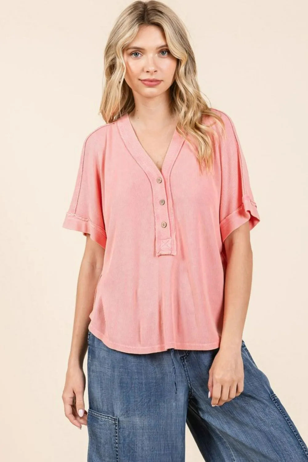 Mittoshop Mineral Wash Henley Short Sleeve Waffle Knit Top - Brittney MADE
