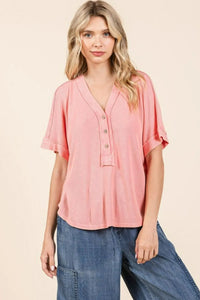 Mittoshop Mineral Wash Henley Short Sleeve Waffle Knit Top - Brittney MADE