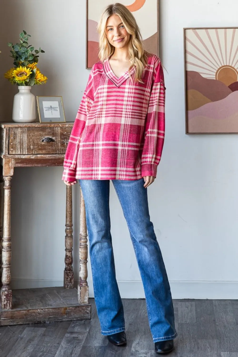 Heimish Plaid Drop Shoulder V-Neck T-Shirt - Brittney MADE