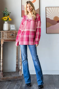 Heimish Plaid Drop Shoulder V-Neck T-Shirt - Brittney MADE
