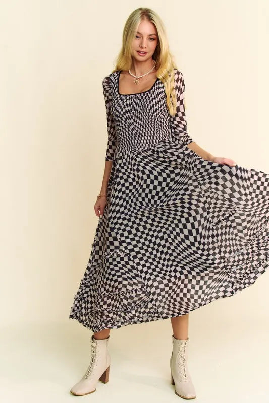 Davi & Dani Printed Checker Mesh Flowy Maxi Dress - Brittney MADE