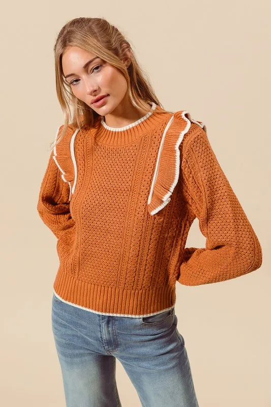 SO ME Ruffled Round Neck Cable Knit Top - Brittney MADE