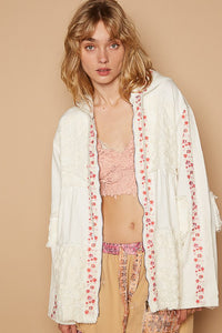 POL Embroidered Lace Patch Zip Up Hooded Jacket - Brittney MADE