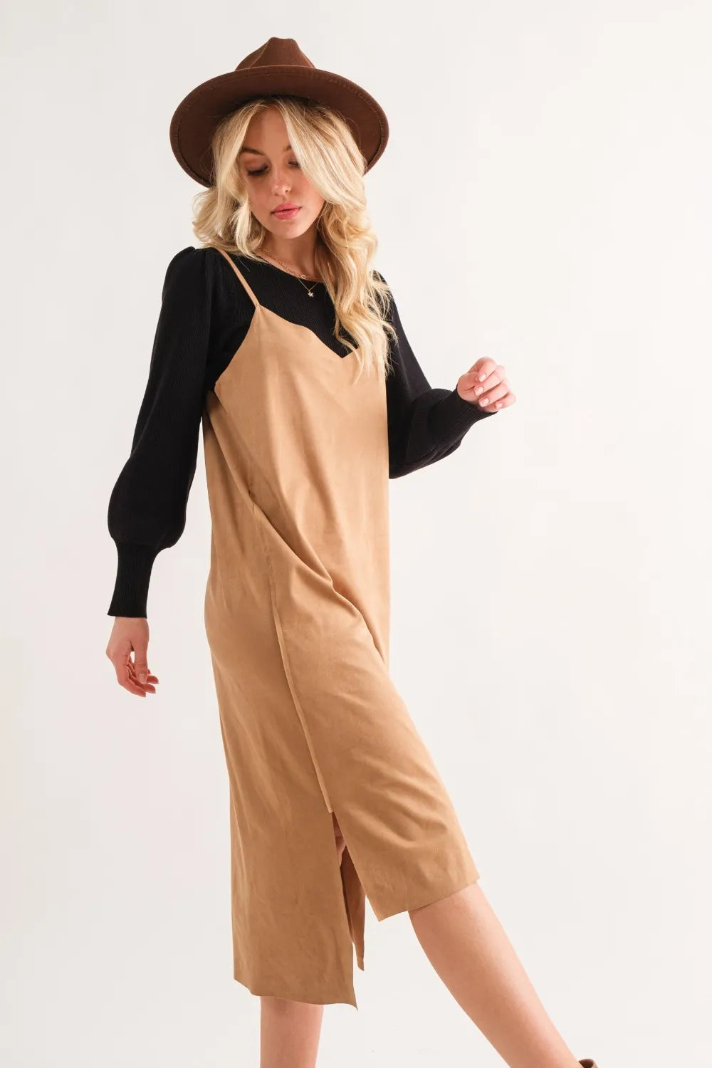 And The Why Faux Suede Cut Edge Slit Cami Midi Dress - Brittney MADE