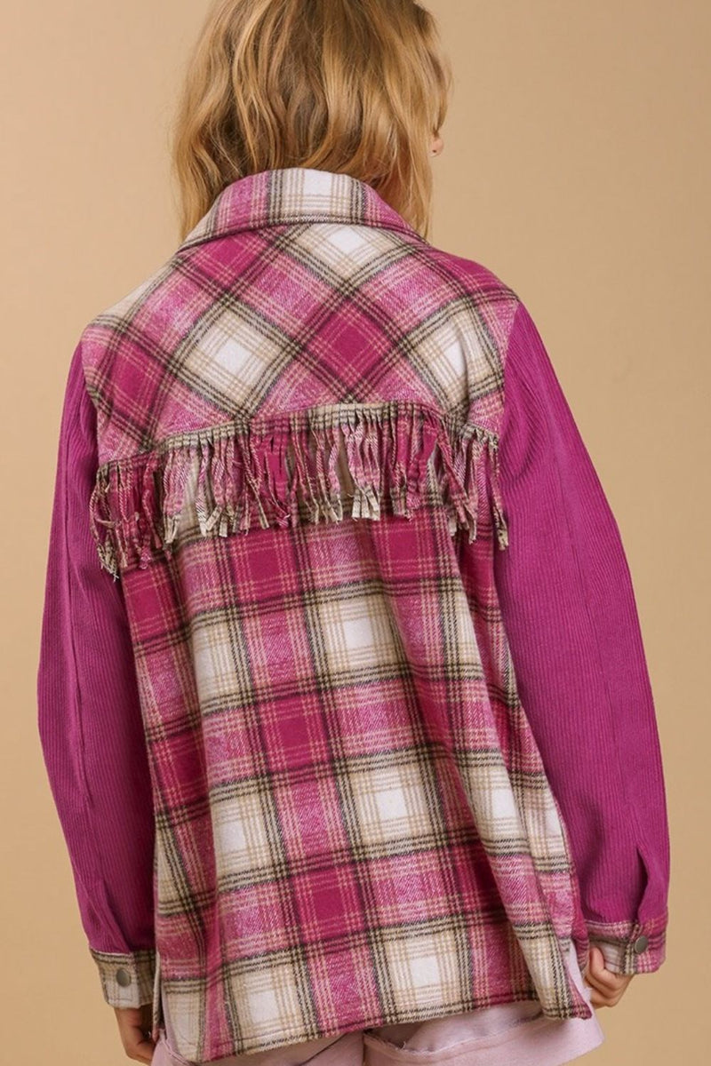 Umgee Full Size Twill Button Down Fringe Back Detail Shacket with Chest Pockets Plus Size - Brittney MADE