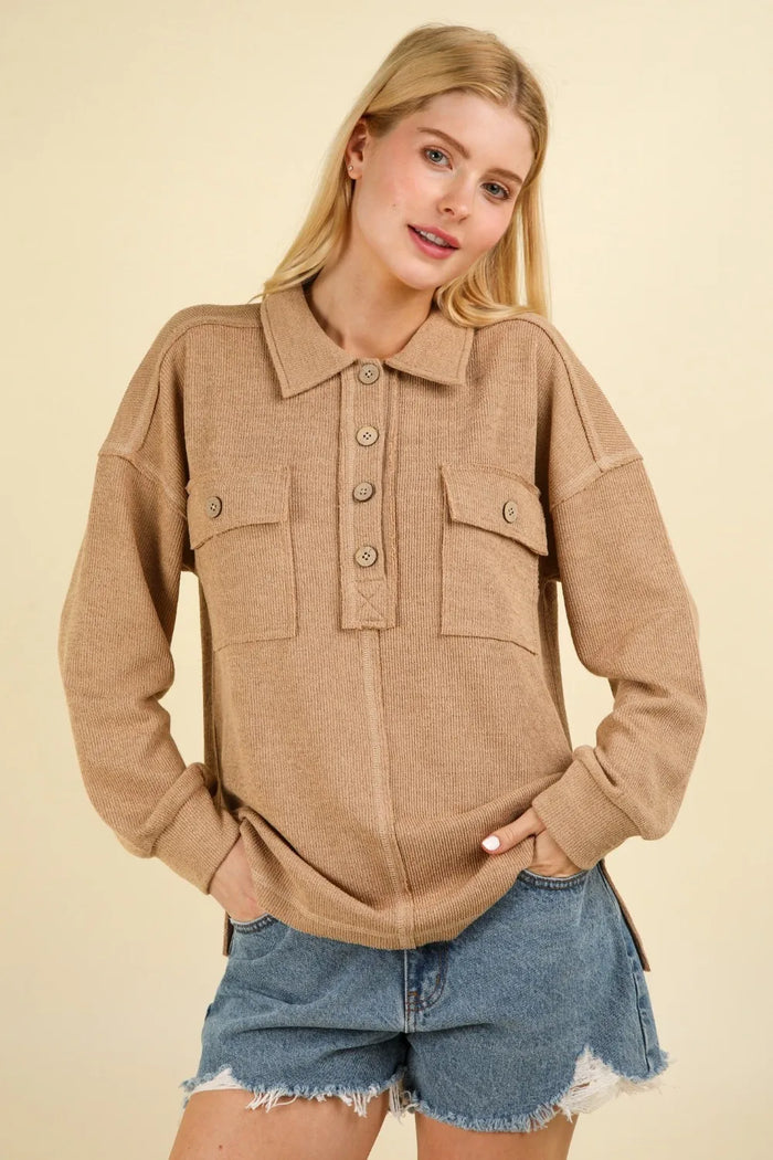 VERY J Collared Half Button Knit Top with Pockets - Brittney MADE