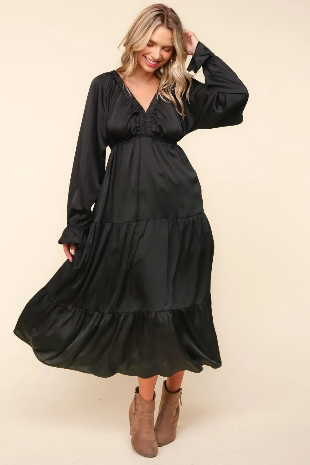 Haptics Flounce Sleeve Tiered Midi Dress with Pockets - Brittney MADE