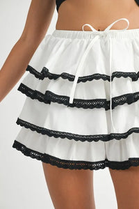 MABLE Poplin Ruffle Layered Contract Lace Trim Mini Skirt - Brittney MADE