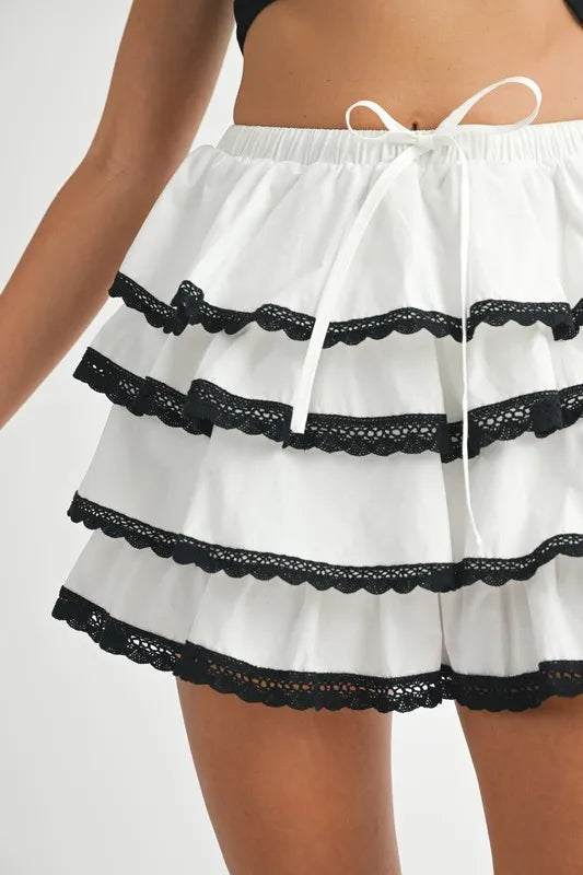 MABLE Poplin Ruffle Layered Contract Lace Trim Mini Skirt - Brittney MADE