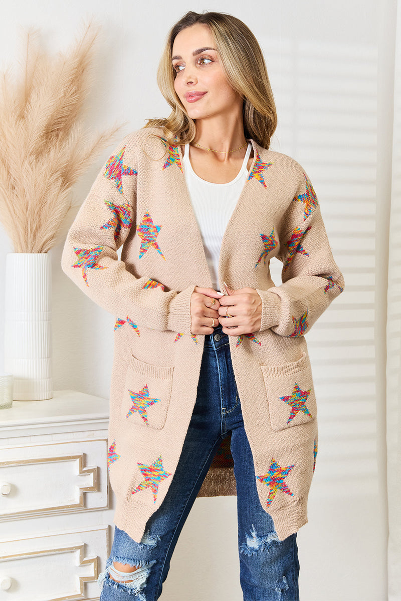 Angel Wings Star Pattern Open Front Longline Cardigan - Brittney MADE