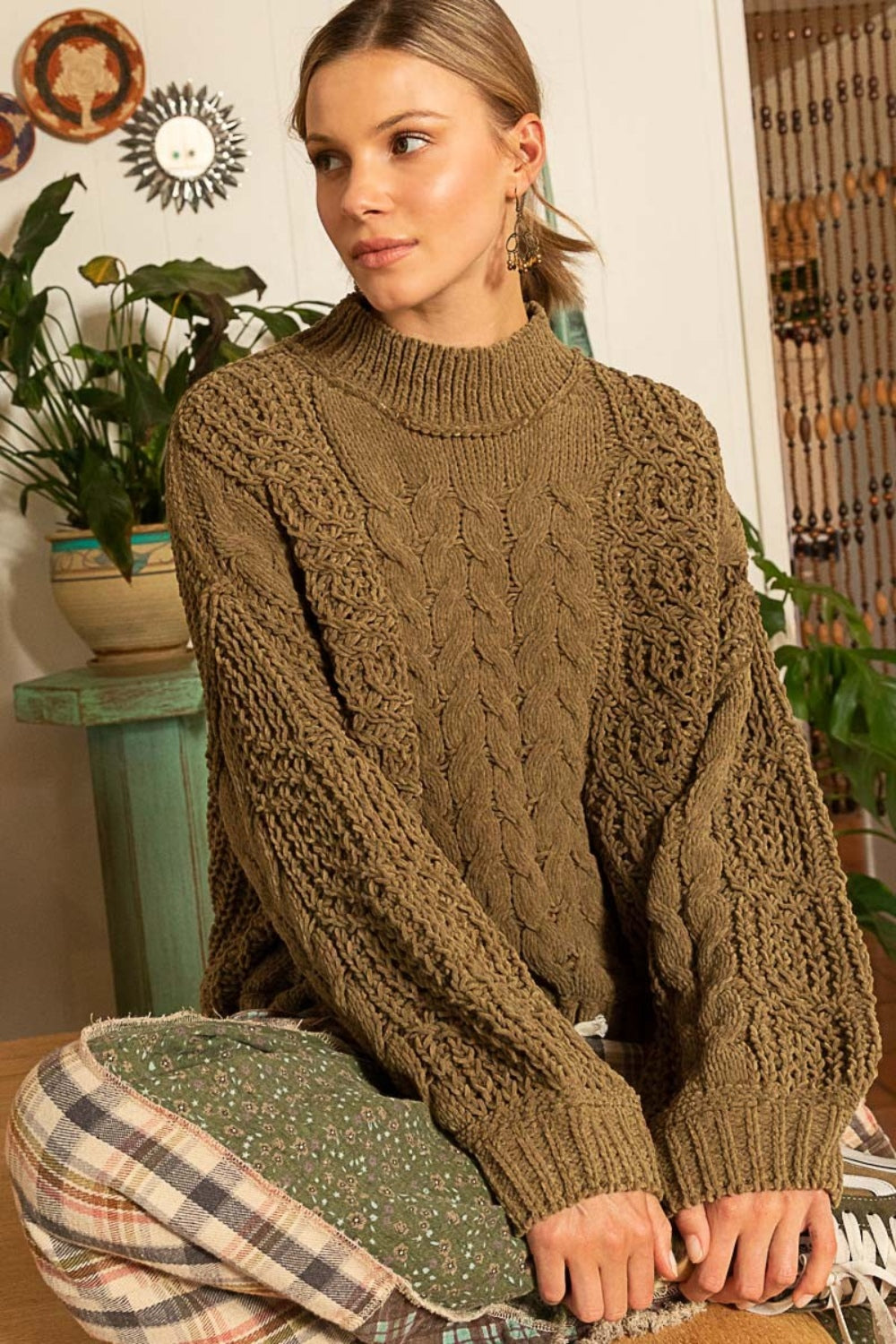 POL Mock Neck Cable Knit Sweater - Brittney MADE