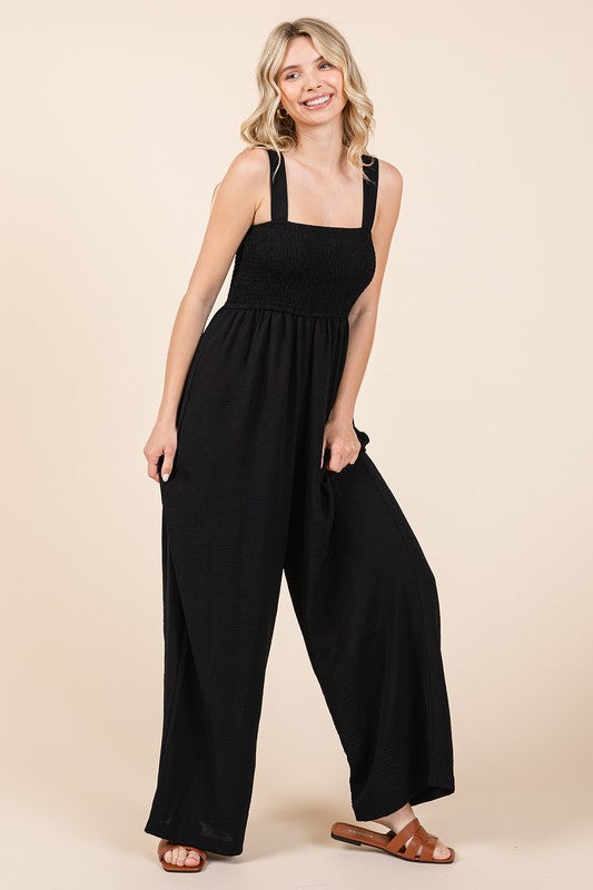 Mittoshop Smocked Wide Strap Wide Leg Overalls - Brittney MADE
