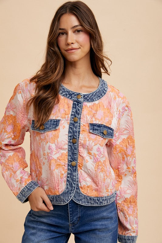 Annie Wear Floral Jacquard Denim Contrast Button Down Jacket - Brittney MADE