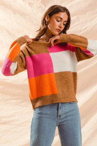 SO ME Multi Color Block Checkered Sweater Top - Brittney MADE