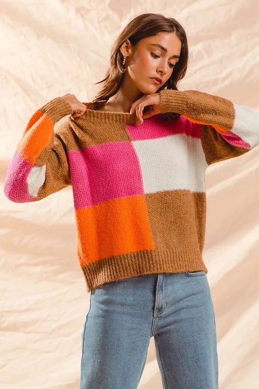 SO ME Multi Color Block Checkered Sweater Top - Brittney MADE