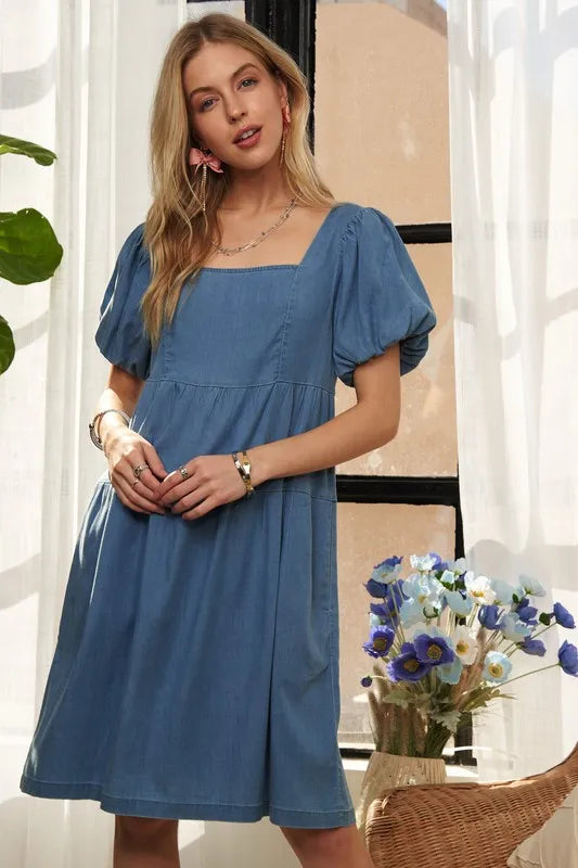 ADORA Square Neck Puff Sleeve Denim Dress - Brittney MADE