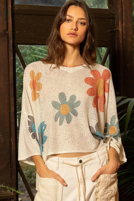 POL Flower Dropped Shoulder Long Sleeve Knit Top - Brittney MADE