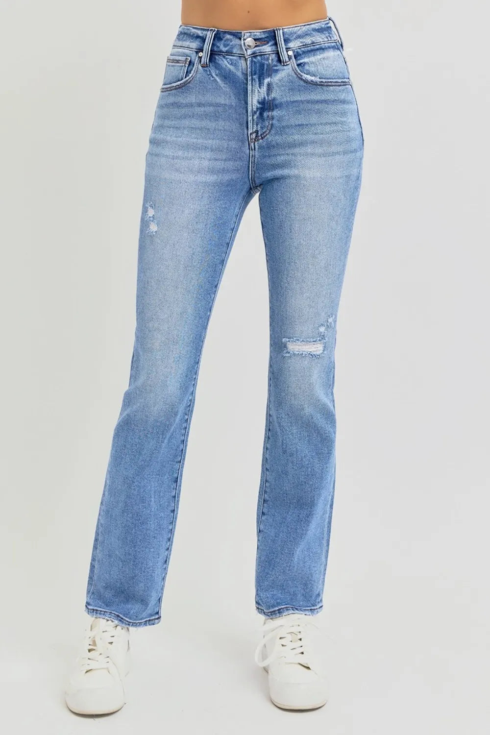 RISEN Full Size Distressed High-Rise Ankle Straight Jeans - Brittney MADE