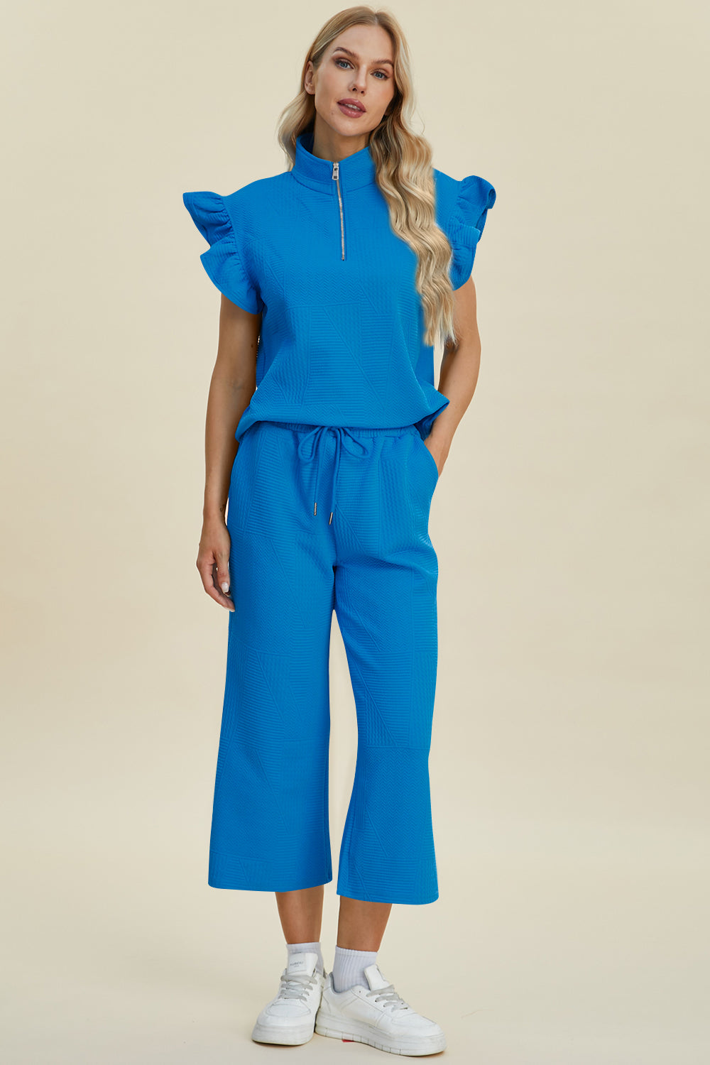 Double Take Full Size Texture Ruffle Short Sleeve Top and Wide Leg Pants Set - Brittney MADE