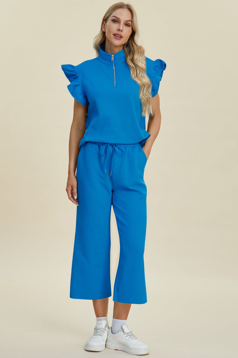 Double Take Full Size Texture Ruffle Short Sleeve Top and Wide Leg Pants Set - Brittney MADE