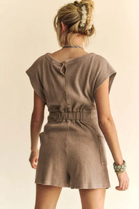 Davi & Dani Acid-Washed Waffle Knit Cuffed Sleeves Romper - Brittney MADE