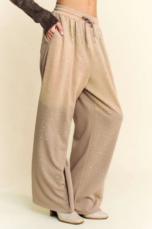 Davi & Dani Rhinestone Drawstring Wide Leg Pants - Brittney MADE