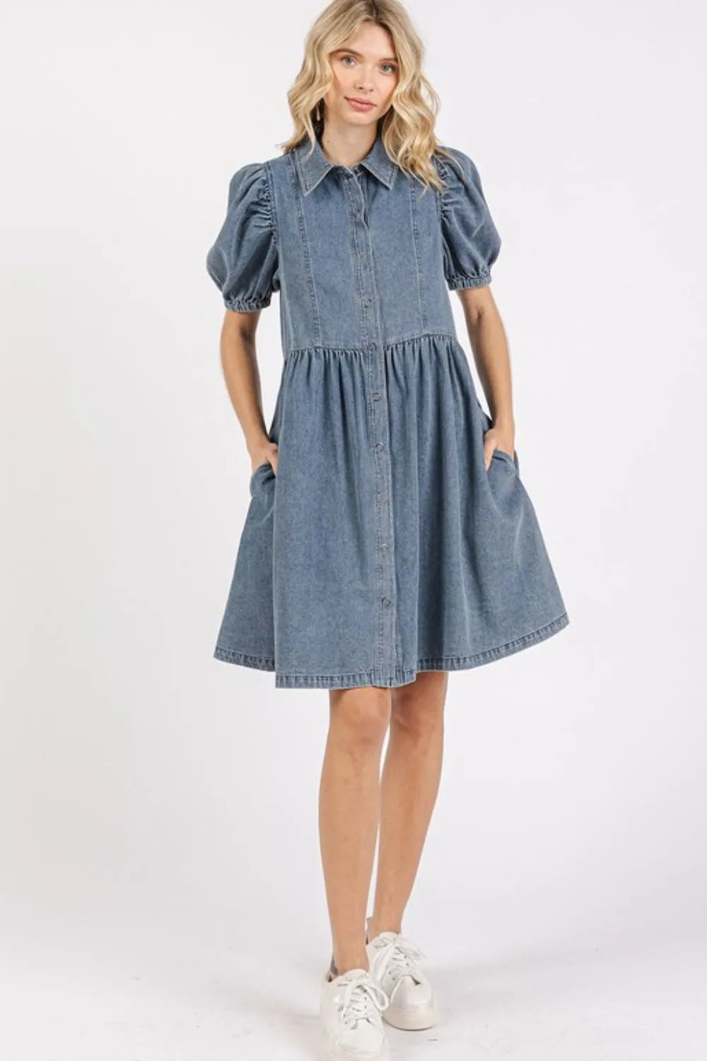 Mittoshop Button Down Puff Sleeve Denim Dress - Brittney MADE