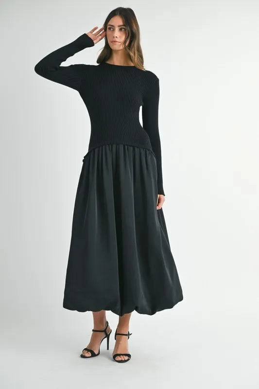 MABLE Ribbed Poplin Mix Midi Sweater Dress - Brittney MADE