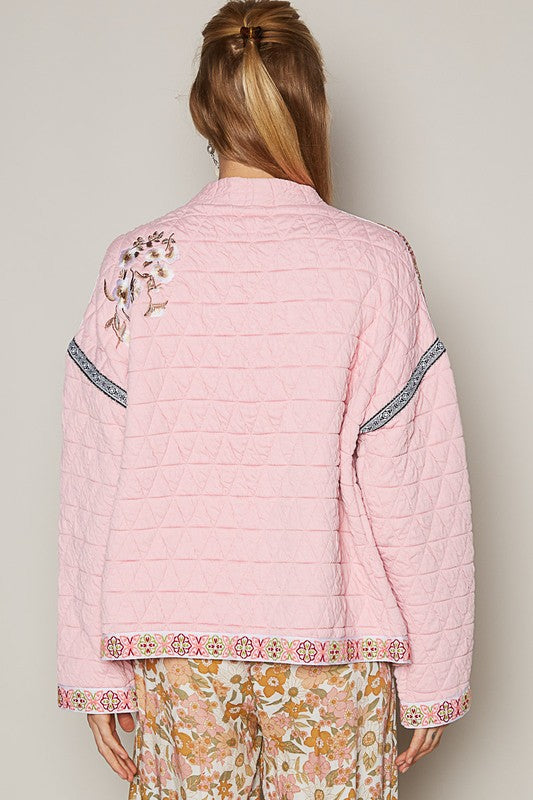 POL Embroidered Open Front Long Sleeve Jacket - Brittney MADE