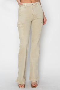 RISEN Full Size High Rise Side Slit Cargo Bootcut Jeans - Brittney MADE