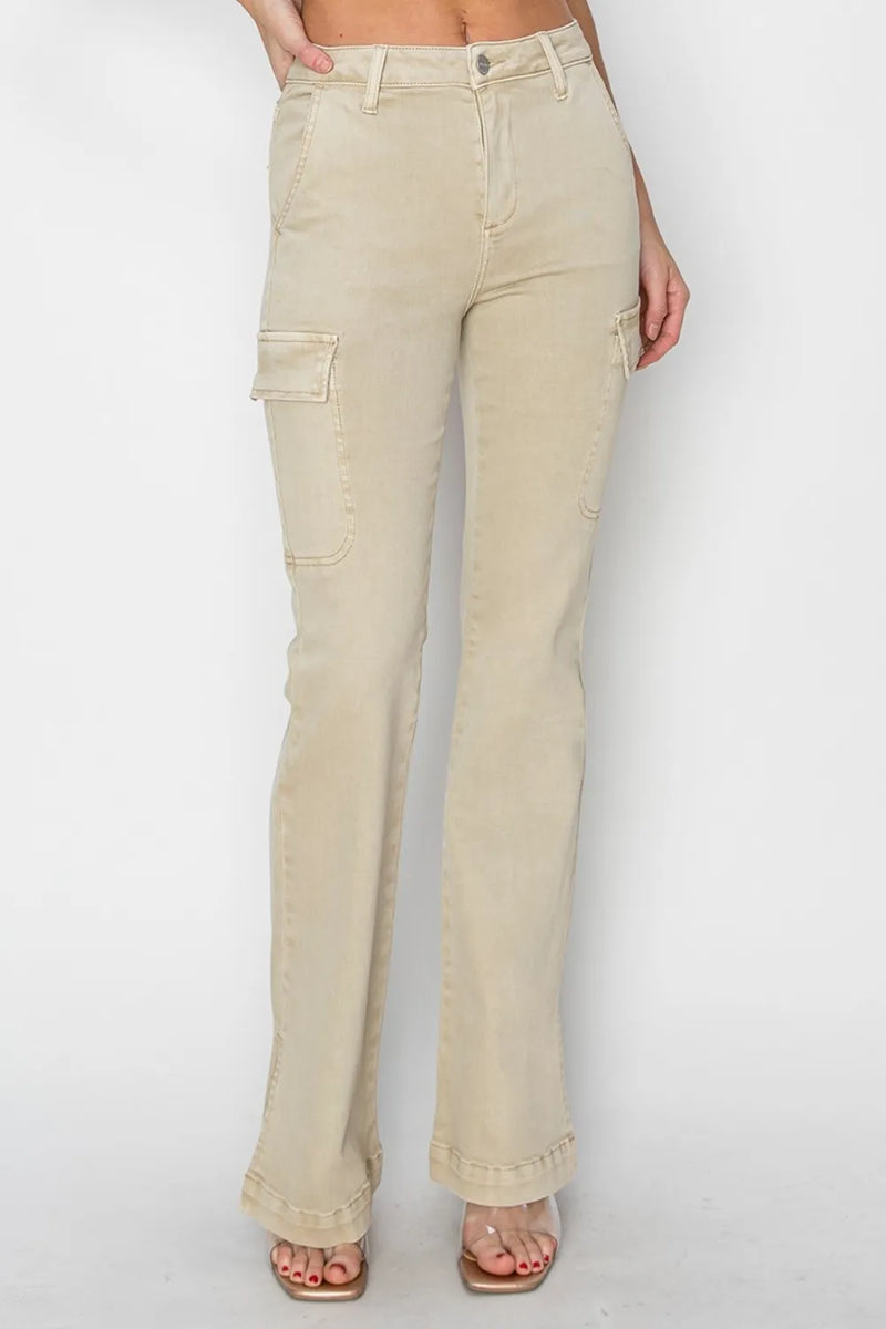 RISEN Full Size High Rise Side Slit Cargo Bootcut Jeans - Brittney MADE