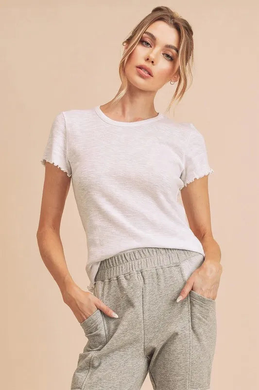 Aemi+Co Round Neck Lettuce Hem Short Sleeve T-Shirt - Brittney MADE