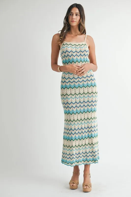 MABLE Lightweight Pointelle Chevron Knit Maxi Dress - Brittney MADE