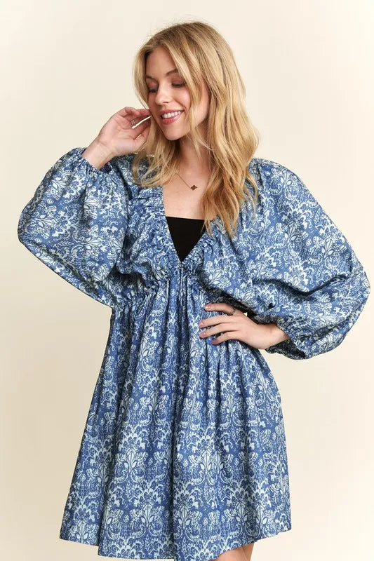 ADORA Printed V-Neck Batwing Sleeve Mini Dress - Brittney MADE