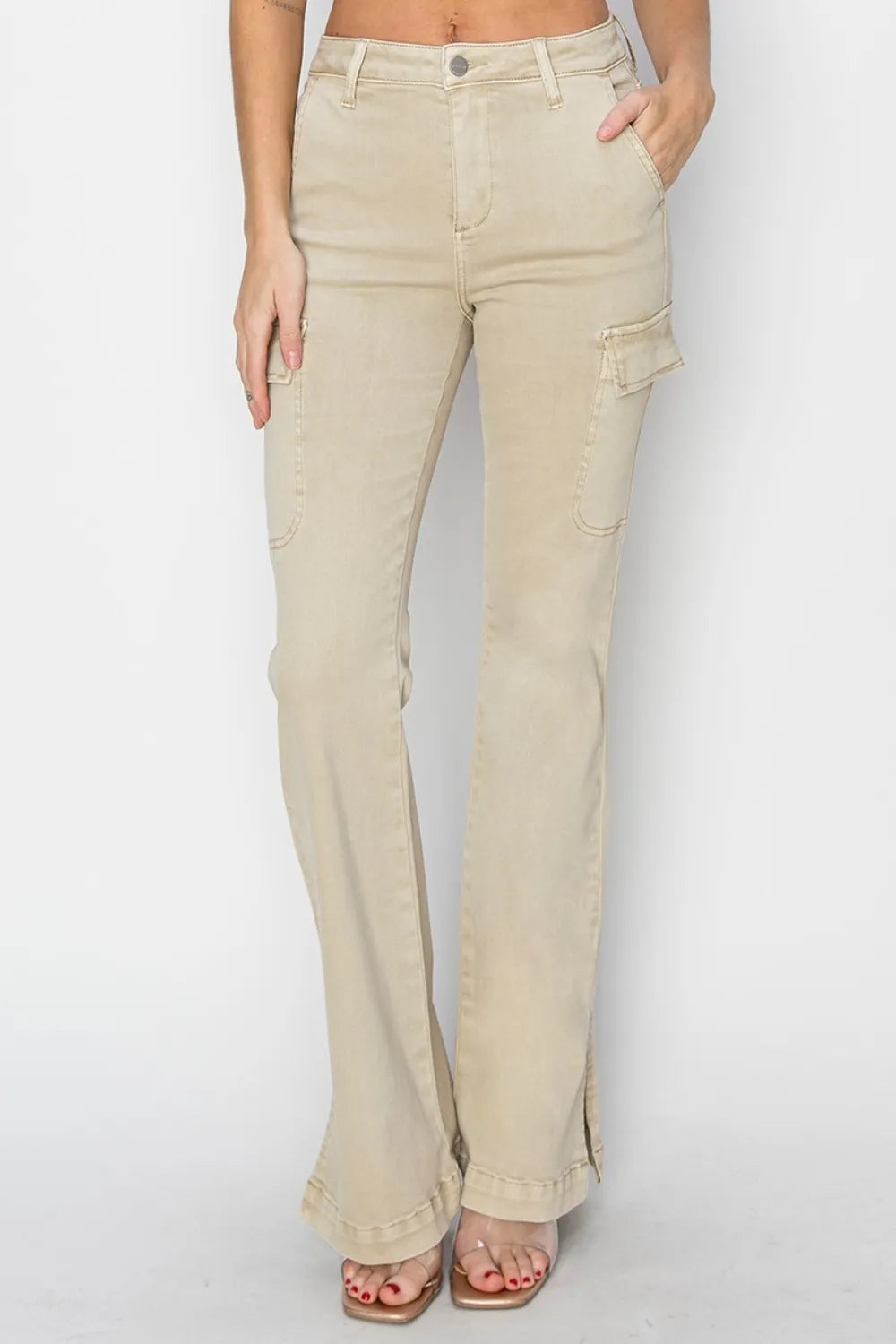 RISEN Full Size High Rise Side Slit Cargo Bootcut Jeans - Brittney MADE